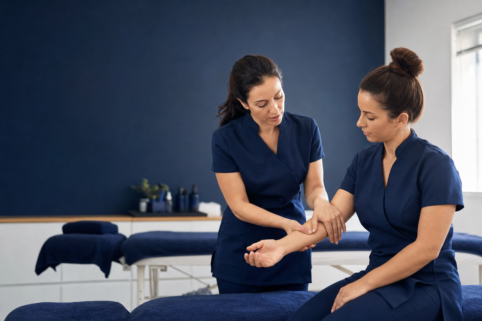 Formadora demonstra técnica manual a uma profissional de estética